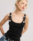 Western Silver Belt Trim Washed Tank Top: BLACK