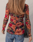 Floral Print Lettuce Trim Long Sleeve Mesh Top