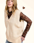 MCS3589-Oversized Soft Knit Sweater Vest with Side Slit: Earl Grey Cream