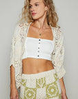 V-neck crochet woven roomy fit cardigan top: NATURAL