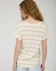 STRIPE V NECK CUFFED SHORT SLEEVE KNIT TOP: LIGHT KHAKI