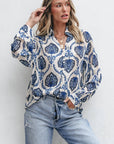 Blue Tribal Pattern Buttoned Front Loose Shirt: Blue / 100%Polyester