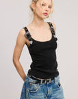 Western Silver Belt Trim Washed Tank Top: BLACK