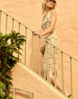 Crochet Knit Fringe-Hem Midi Tank Dress: NATURAL