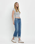 MID RISE RAW CUFFED HEM SLIM WIDE JEANS F5861: FOUR SEASON