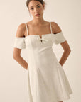 Scuba Knit Cold-Shoulder Fit-and-Flare Mini Dress: CREAM