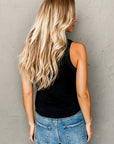 Black Faux Leather Crew Neck Tank Top: Black / 100%PU