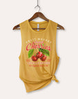 Sweet Cherries Fruit Graphic Women's Jersey Tank Top: BLACK / L