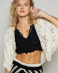 V-neck crochet woven roomy fit cardigan top: NATURAL