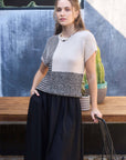 MULTI PATTERN COLORBLOCK SHORT SLEEVE SWEATER TOP: BLACK MULTI