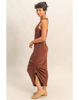 Scoop Neck Side Tie Detail Midi Dress: CHESTNUT