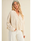 LACE TRIMMED BUTTON-DOWN SHIRT/OATMEAL