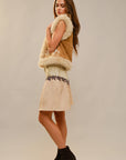 91718V Embroidered Suede Vest With Fur Trim: BEIGE