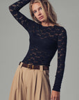 Vintage Floral Lace Long Sleeve Layering Top: Black / S:2/M:2/L:2