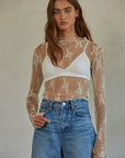 L6687 | Knit Jacquard Lace Long Sleeve Mock Neck Top: Ivory