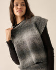 Striped Ombre Fuzzy-Knit Folded-Sleeve Sweater: Grey