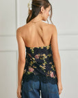 Floral Asymmetrical Lace Hem Tube Top: BLACK