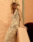 Crochet Knit Fringe-Hem Midi Tank Dress: NATURAL