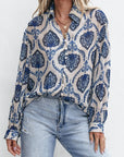 Blue Tribal Pattern Buttoned Front Loose Shirt: Blue / 100%Polyester