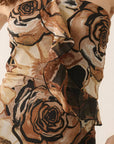Floral Chiffon Strapless Ruffled Maxi Dress: BLACK