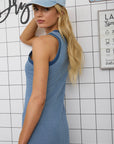 WASHED STRIPE SLEEVELESS TANK KNIT MIDI DRESS: DENIM