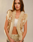 91718V Embroidered Suede Vest With Fur Trim: BEIGE