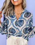 Blue Tribal Pattern Buttoned Front Loose Shirt: Blue / 100%Polyester