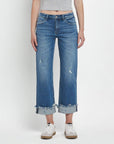 MID RISE RAW CUFFED HEM SLIM WIDE JEANS F5861: FOUR SEASON