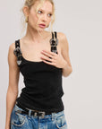 Western Silver Belt Trim Washed Tank Top: BLACK