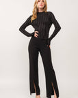 IT2766- Pinstripe Rhinestone Mock Neck Long Sleeve Top: Black/Silver