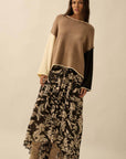 Textured Colorblock Knit Rolled-Edge Sweater: Taupe-Black