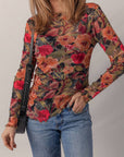 Floral Print Lettuce Trim Long Sleeve Mesh Top