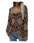 V NECK LOOSE FIT LONG SLEEVE SWEATER: CAMEL COMBO