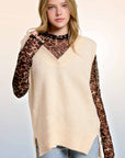 MCS3589-Oversized Soft Knit Sweater Vest with Side Slit: Earl Grey Cream