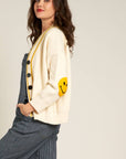 Sweater Cardigan with Happy Face Elbow Patches: IVORY YELLOW