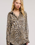 COLLARED LEOPARD SATIN BUTTON-DOWN LONG SLEEVE BLOUSE