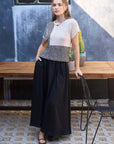 MULTI PATTERN COLORBLOCK SHORT SLEEVE SWEATER TOP: BLACK MULTI