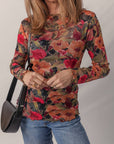 Floral Print Lettuce Trim Long Sleeve Mesh Top