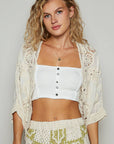 V-neck crochet woven roomy fit cardigan top: NATURAL