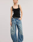 Western Silver Belt Trim Washed Tank Top: BLACK