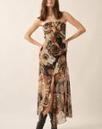 Floral Chiffon Strapless Ruffled Maxi Dress: BLACK