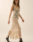 Crochet Knit Fringe-Hem Midi Tank Dress: NATURAL