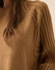 Textured Knit Ribbed-Sleeve Rolled-Edge Sweater: Taupe