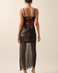 Rose-Print Layered Mesh Maxi Slip Dress: BLACK