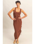 Scoop Neck Side Tie Detail Midi Dress: CHESTNUT