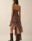 Floral Chiffon Asymmetrical Ruffled Maxi Dress: BLACK