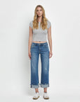 MID RISE RAW CUFFED HEM SLIM WIDE JEANS F5861: FOUR SEASON