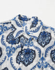 Blue Tribal Pattern Buttoned Front Loose Shirt: Blue / 100%Polyester