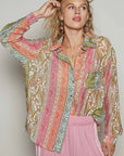 Long sleeve printed woven regular fit top: GREEN PINK MULTI
