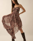 Floral Chiffon Asymmetrical Ruffled Maxi Dress: BLACK